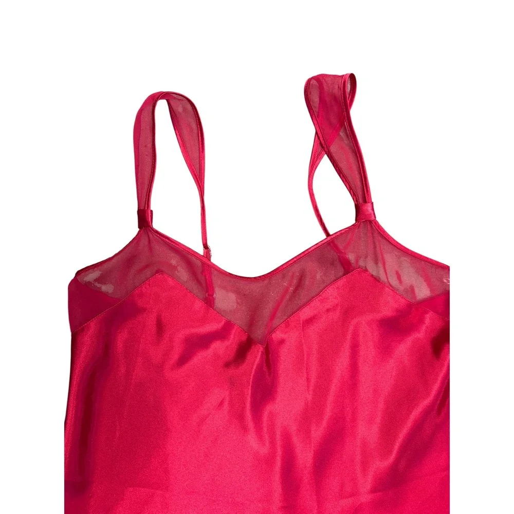 Private Luxuries Red Satin Chemise Nightgown Mesh Trim V-Neck Sleepwear XL